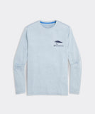 Men's long sleeve t-shirt in the color blue. Showing a fly fishing illustration and the Vineyard Vines logo.